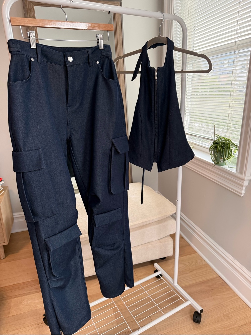 Maniere De Voir Navy Blue Cargo Trousers with Brown Logo Patch
